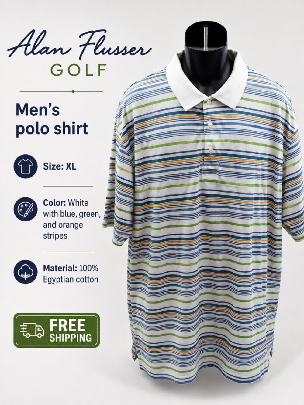 Alan Flusser Golf Men's XL Striped Polo Egyptian Cotton Mercerized White